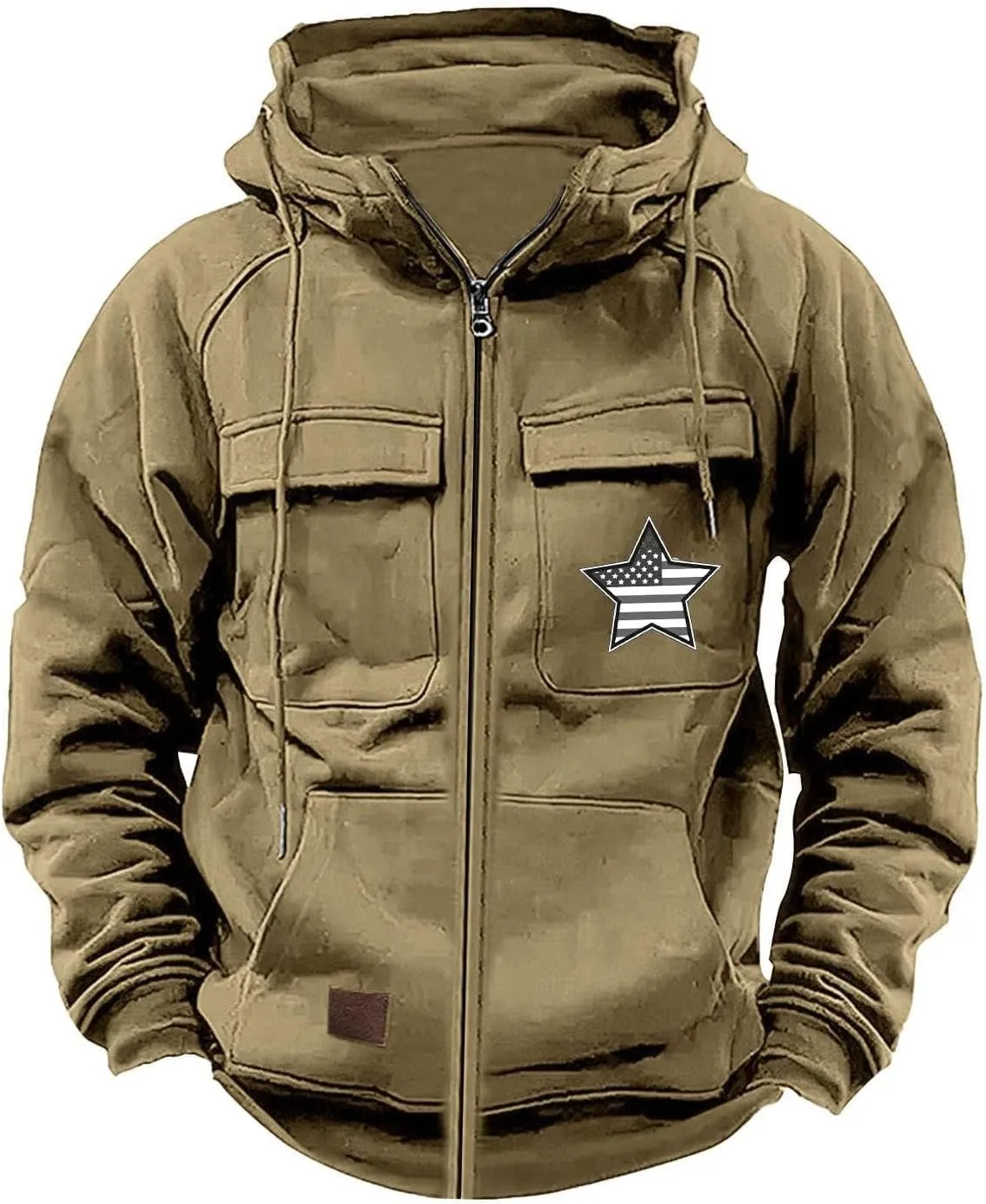 Men's Zip Up Cargo Hoodies USA Flag Printed Long Sleeve Drawstring Hooded Sweatshirts Classic Fit Vintage Jackets