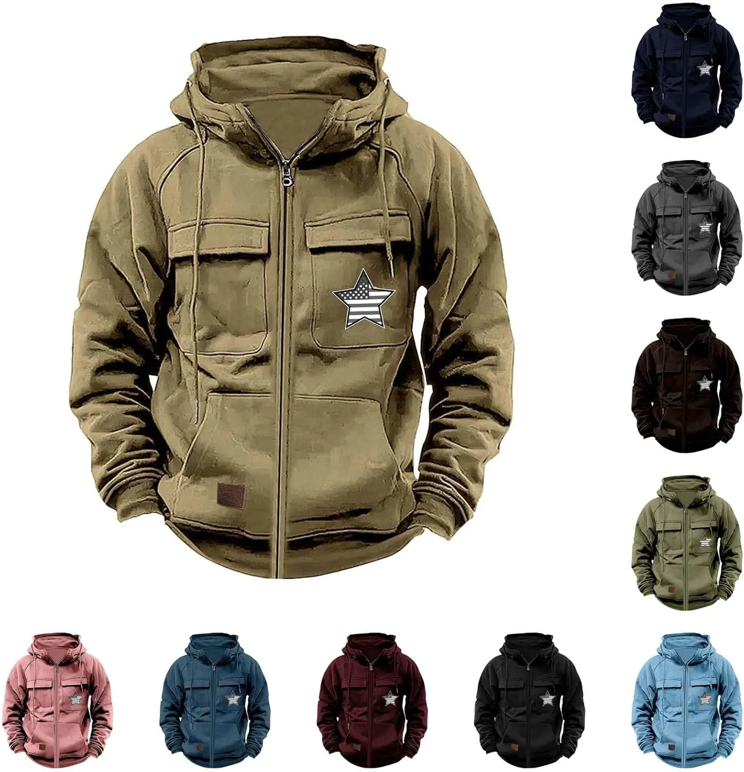 Men's Zip Up Cargo Hoodies USA Flag Printed Long Sleeve Drawstring Hooded Sweatshirts Classic Fit Vintage Jackets