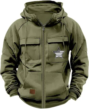 Men's Zip Up Cargo Hoodies USA Flag Printed Long Sleeve Drawstring Hooded Sweatshirts Classic Fit Vintage Jackets