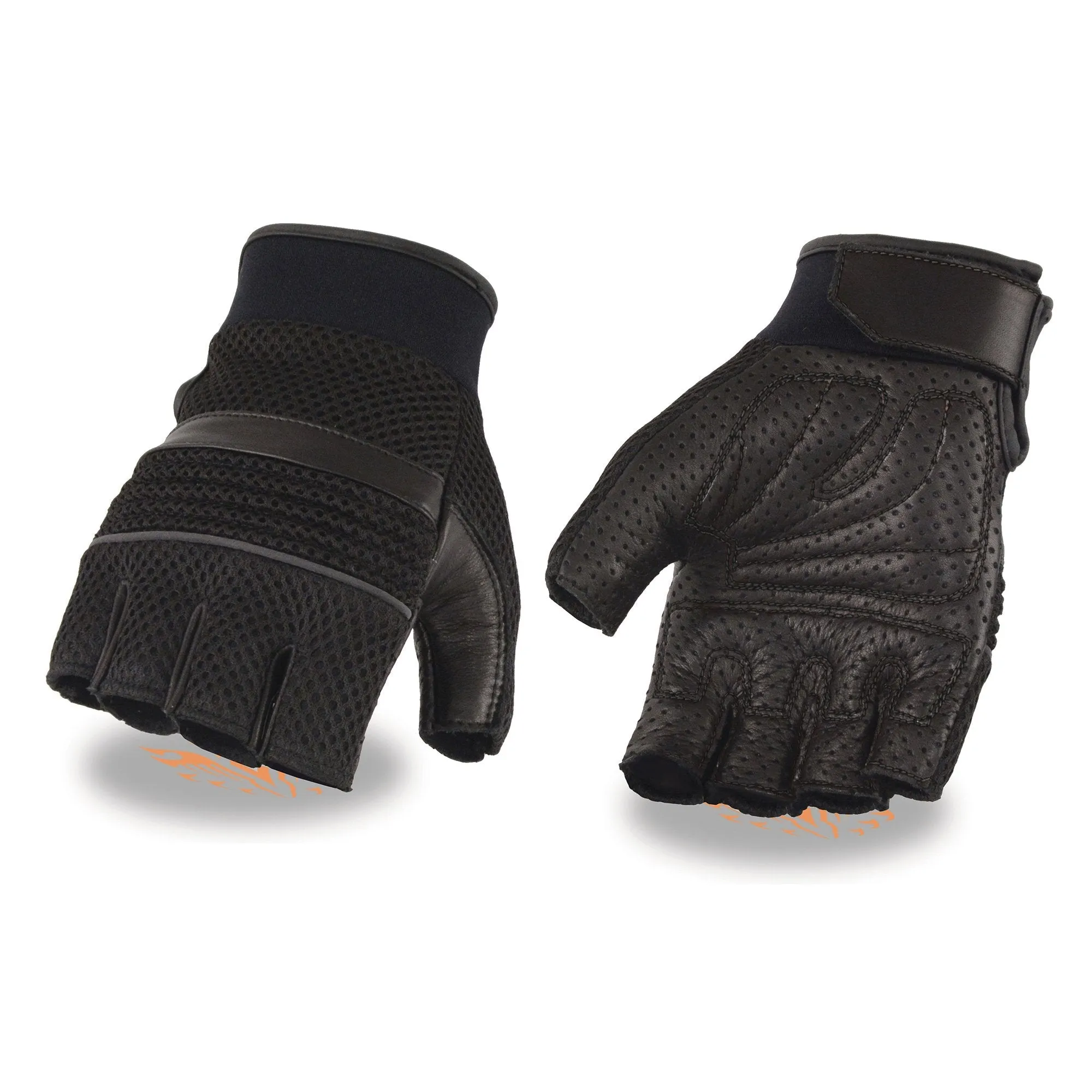 MG7504 Men's Black Perforated Mesh Gel Palm Fingerless Motorcycle Hand Gloves W/ Reflective Piping
