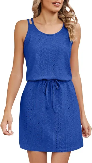 midelxp Summer Sundresses for Women Hollow Out Swimsuit Cover Up Beach Dresses Spaghetti Strap Lace Up Jacquard Tank Dress