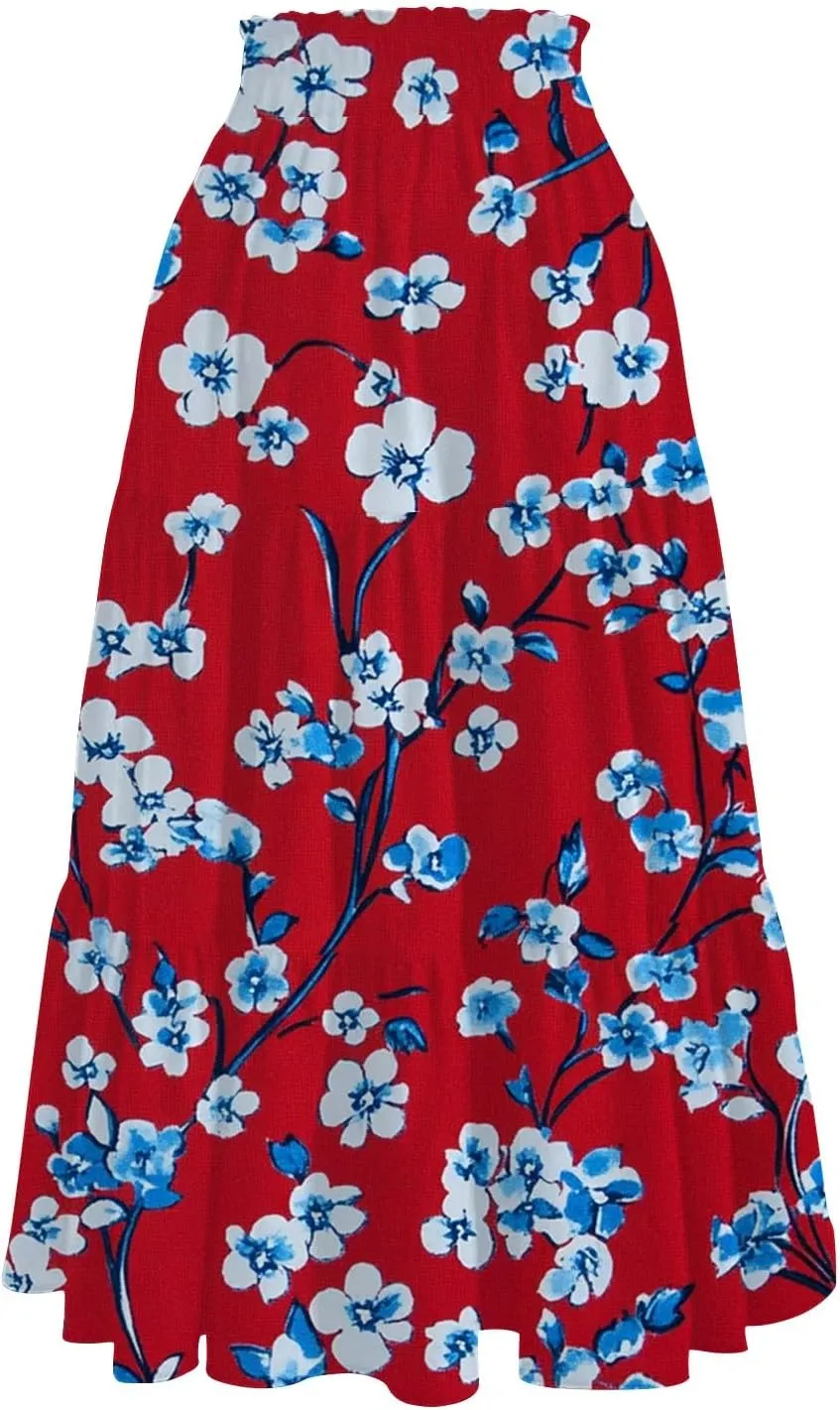 Midi Boho Floral Skirts for Women Trendy Tiered Drawstring High Elastic Waist A Line Skirt Comfy Flowy Skorts with Pockets