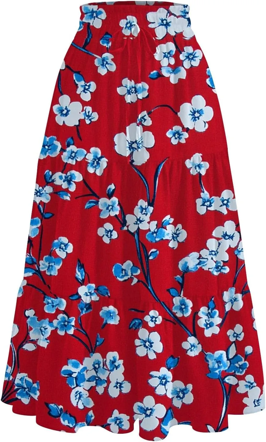 Midi Boho Floral Skirts for Women Trendy Tiered Drawstring High Elastic Waist A Line Skirt Comfy Flowy Skorts with Pockets