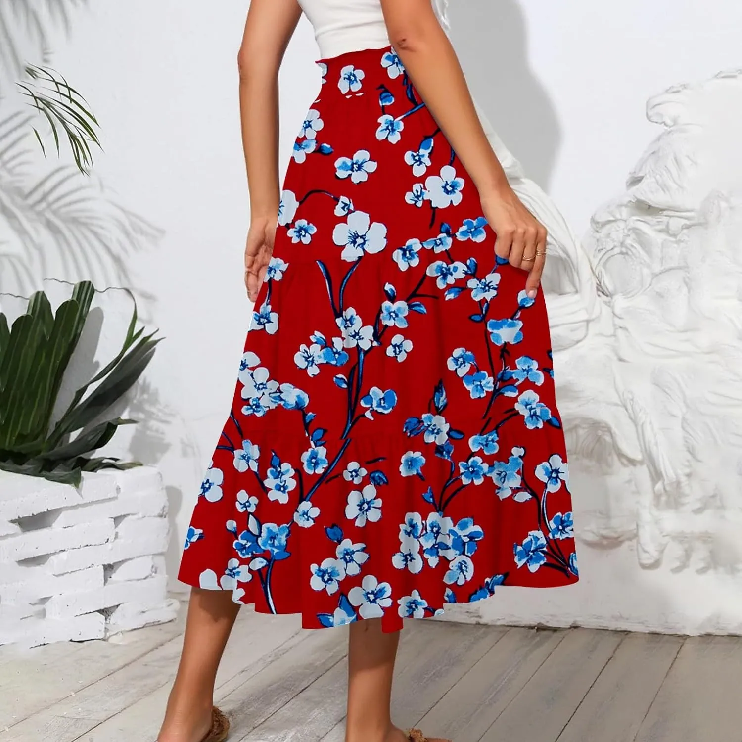 Midi Boho Floral Skirts for Women Trendy Tiered Drawstring High Elastic Waist A Line Skirt Comfy Flowy Skorts with Pockets