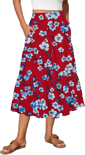 Midi Boho Floral Skirts for Women Trendy Tiered Drawstring High Elastic Waist A Line Skirt Comfy Flowy Skorts with Pockets