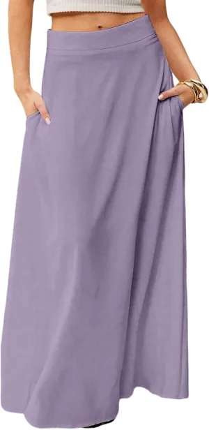 Midi Skirts for Women High Waisted Pleated A-Line Summer Swing Long Work Office with Pockets