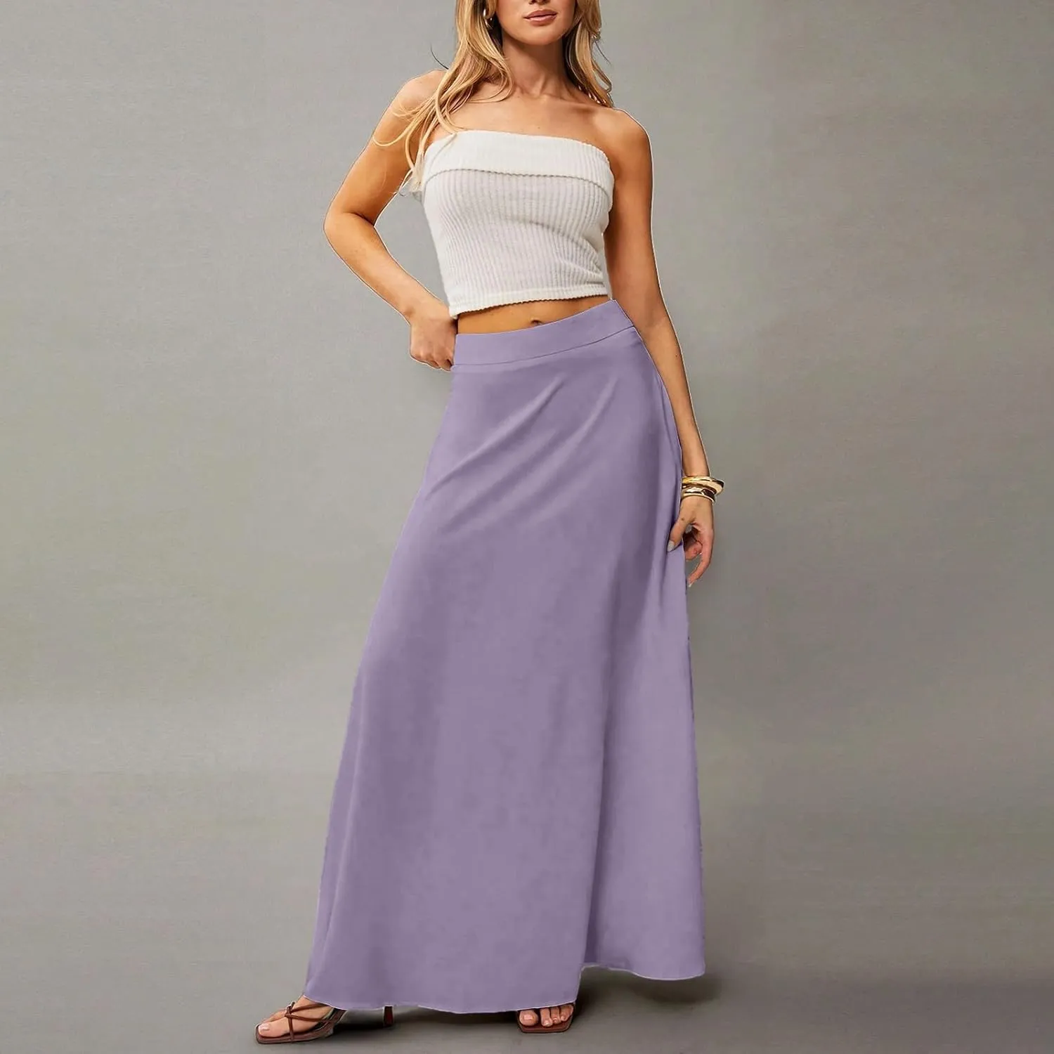 Midi Skirts for Women High Waisted Pleated A-Line Summer Swing Long Work Office with Pockets