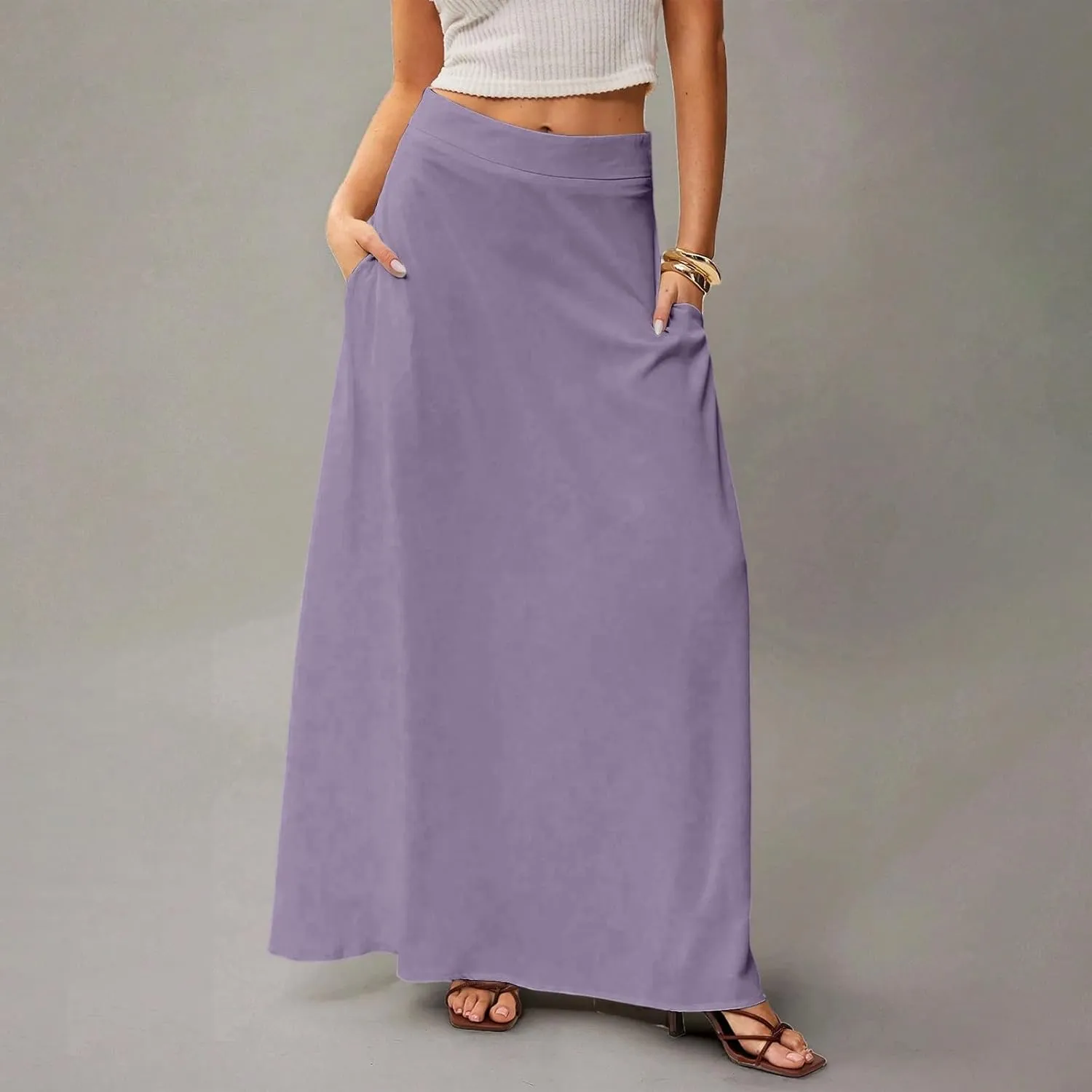 Midi Skirts for Women High Waisted Pleated A-Line Summer Swing Long Work Office with Pockets