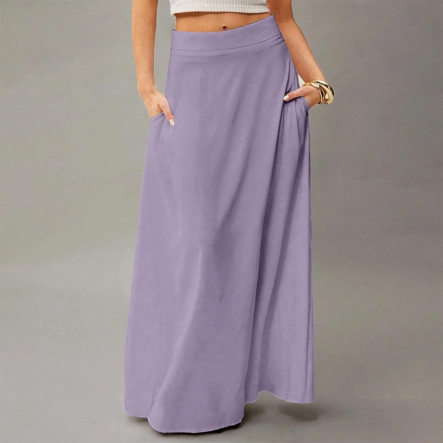 Midi Skirts for Women High Waisted Pleated A-Line Summer Swing Long Work Office with Pockets