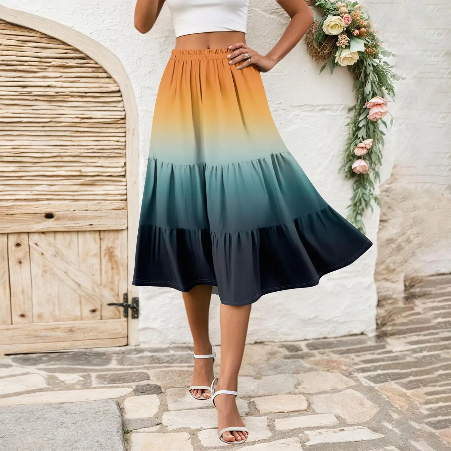 Midi Skirts for Women Summer Boho Floral Flowy High Elastic Waist Tiered Pleated A Line Skirt Beach Vacation Clothes