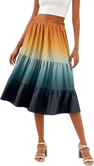 Midi Skirts for Women Summer Boho Floral Flowy High Elastic Waist Tiered Pleated A Line Skirt Beach Vacation Clothes
