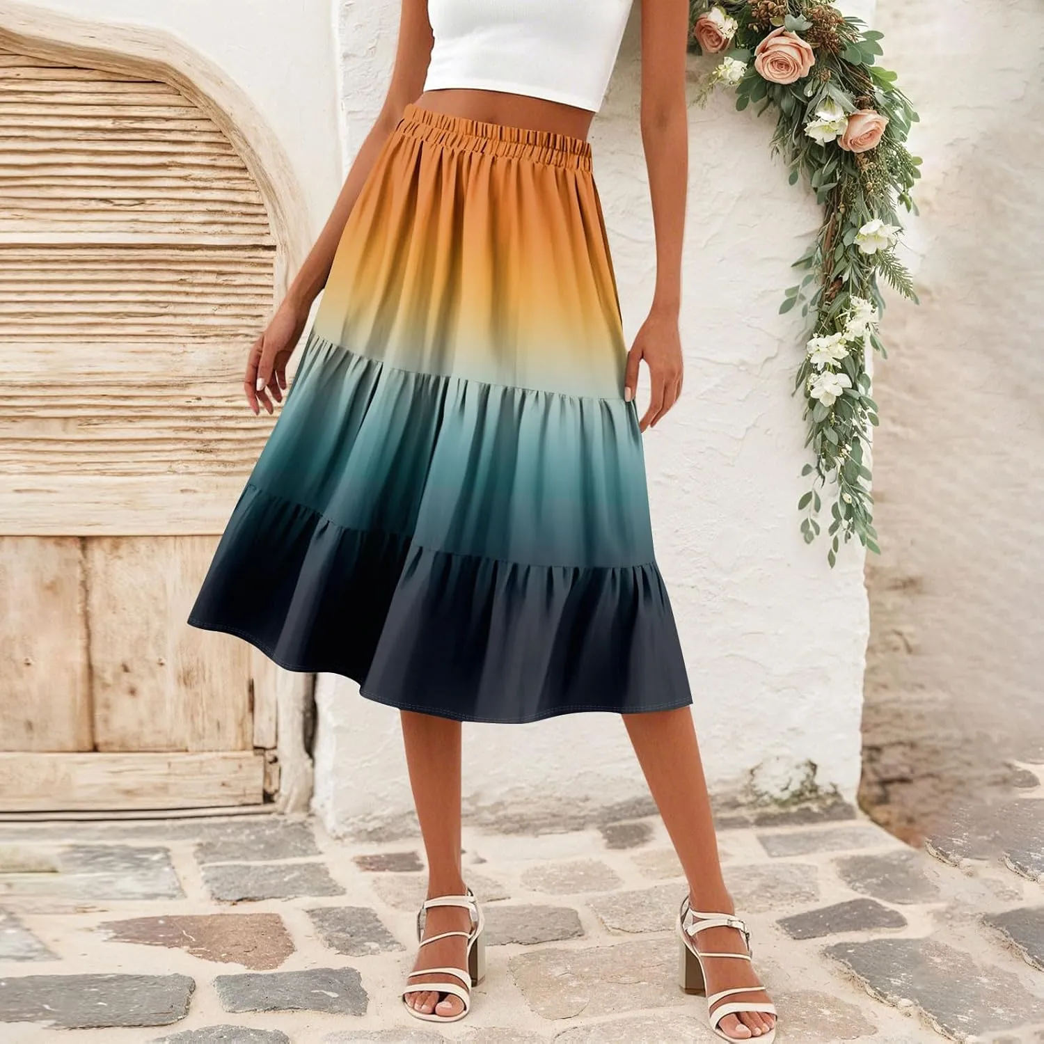 Midi Skirts for Women Summer Boho Floral Flowy High Elastic Waist Tiered Pleated A Line Skirt Beach Vacation Clothes