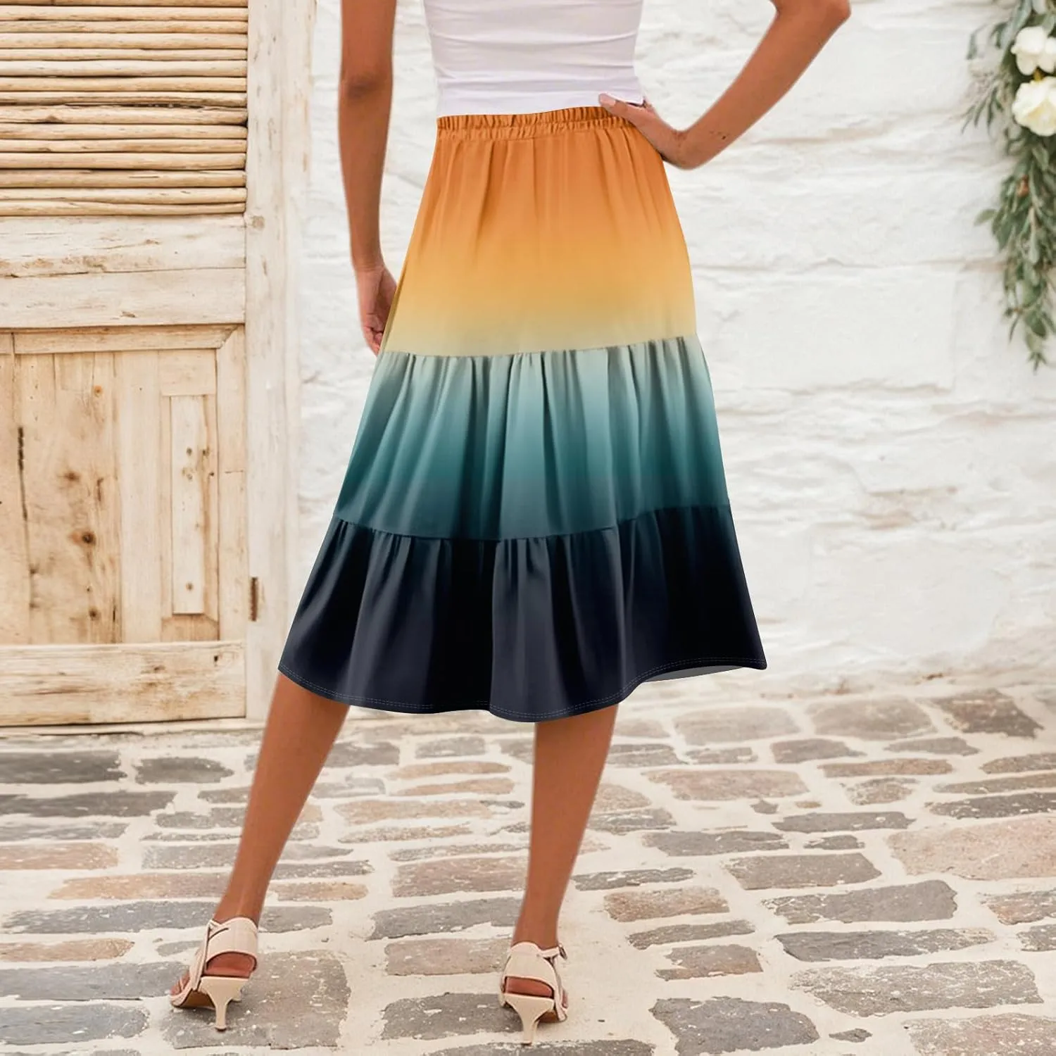 Midi Skirts for Women Summer Boho Floral Flowy High Elastic Waist Tiered Pleated A Line Skirt Beach Vacation Clothes
