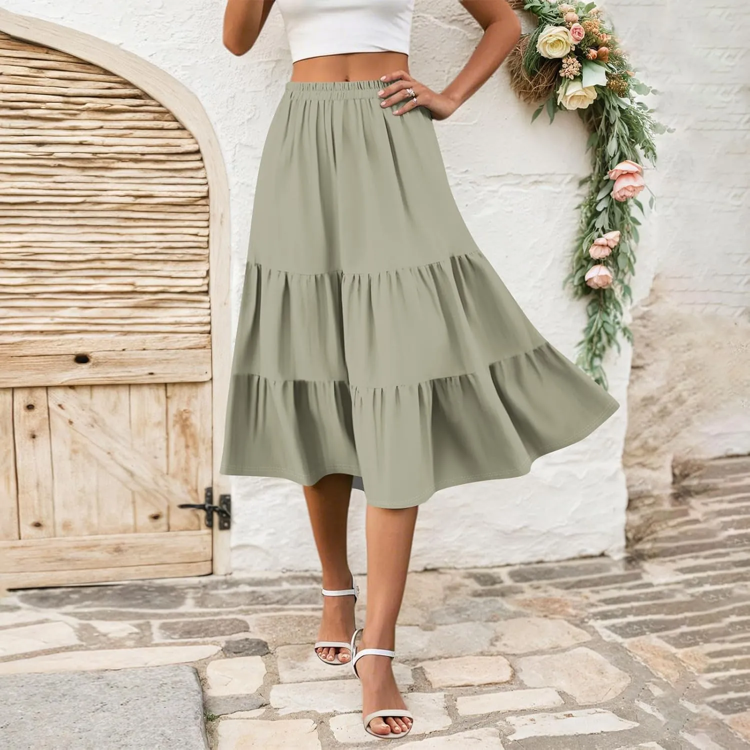 Midi Skirts for Women Summer High Elastic Waist Tiered Pleated Boho Floral Flowy A Line Skirt Beach Vacation Clothes