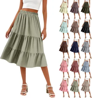 Midi Skirts for Women Summer High Elastic Waist Tiered Pleated Boho Floral Flowy A Line Skirt Beach Vacation Clothes