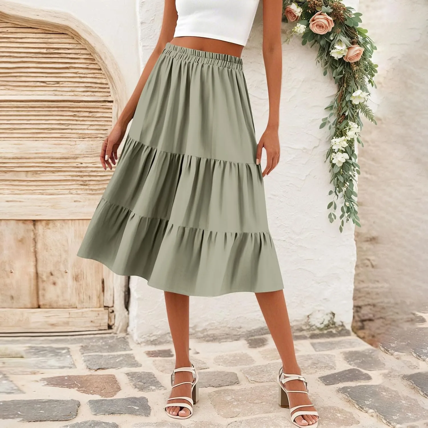Midi Skirts for Women Summer High Elastic Waist Tiered Pleated Boho Floral Flowy A Line Skirt Beach Vacation Clothes