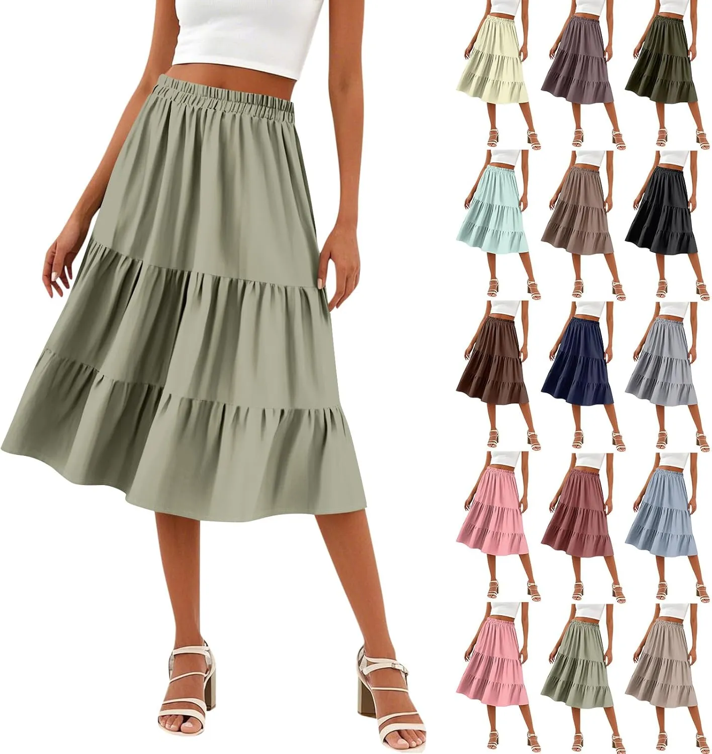 Midi Skirts for Women Summer High Elastic Waist Tiered Pleated Boho Floral Flowy A Line Skirt Beach Vacation Clothes