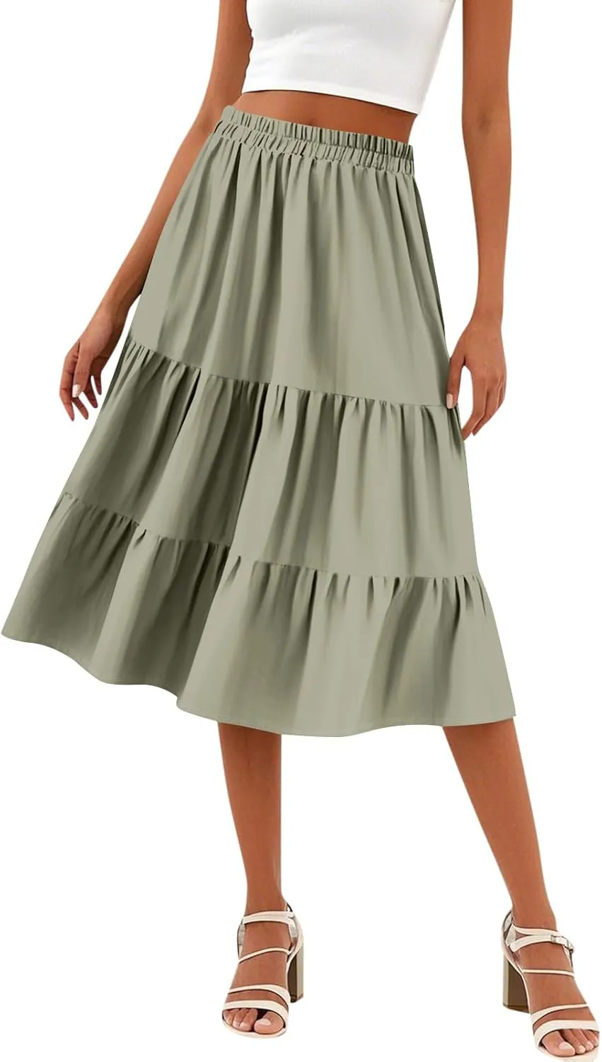 Midi Skirts for Women Summer High Elastic Waist Tiered Pleated Boho Floral Flowy A Line Skirt Beach Vacation Clothes