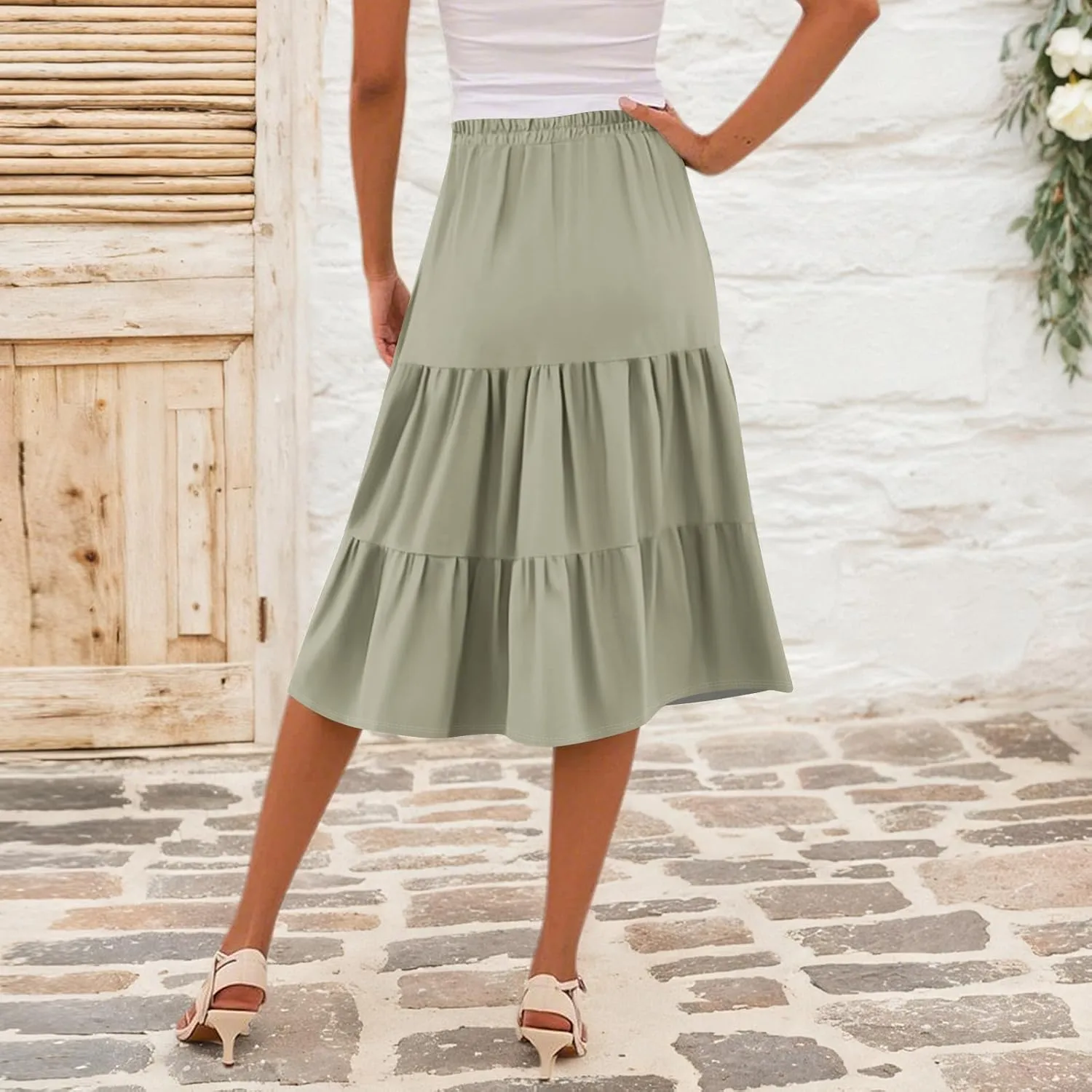 Midi Skirts for Women Summer High Elastic Waist Tiered Pleated Boho Floral Flowy A Line Skirt Beach Vacation Clothes
