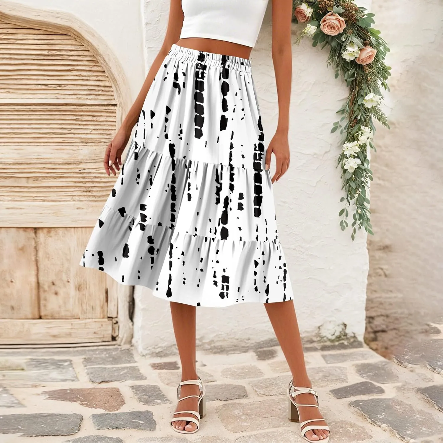 midi Tiered Skirts for Women Summer Boho Floral Long Ruffle Flowy high Elastic Waist a line Skirts Vacation Skort