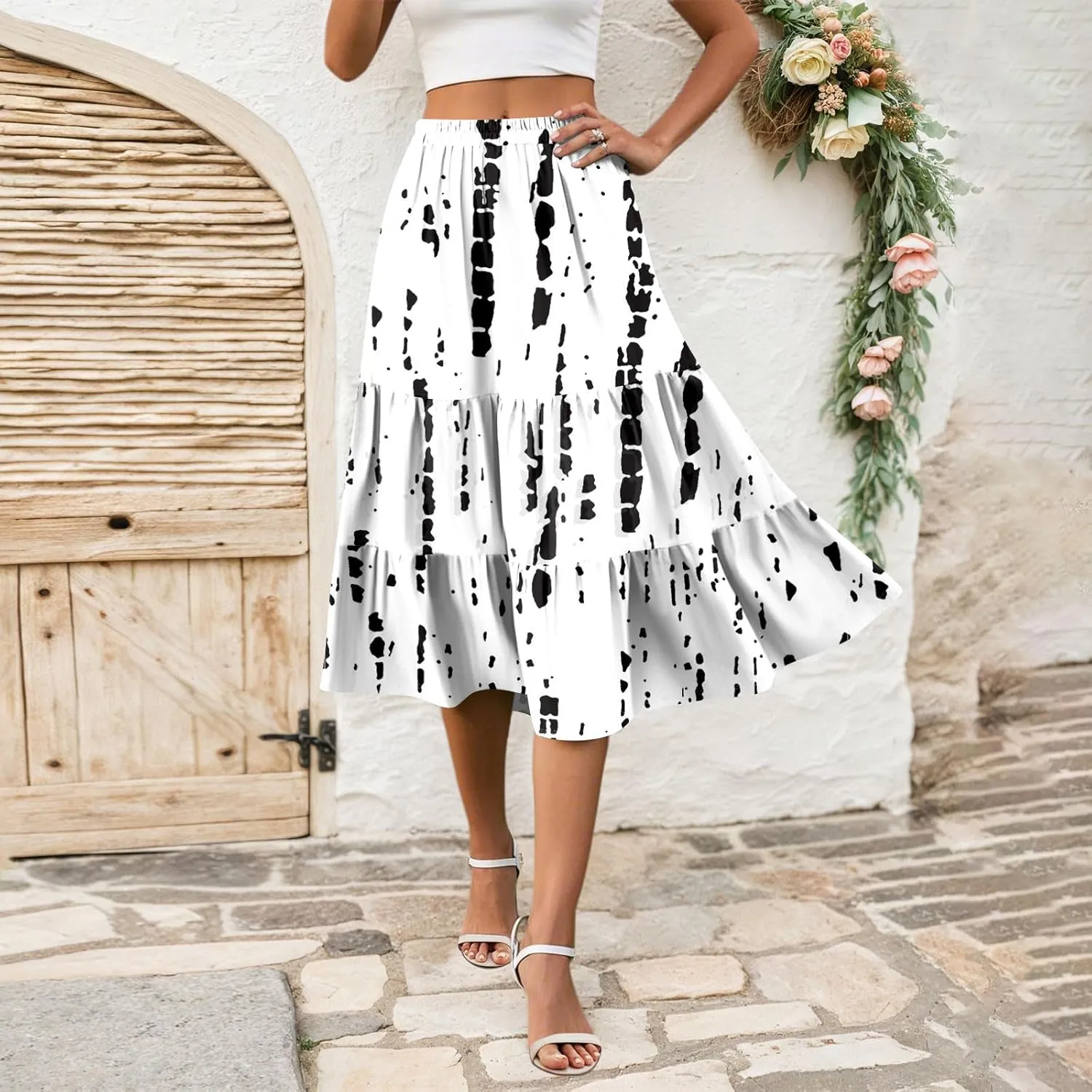 midi Tiered Skirts for Women Summer Boho Floral Long Ruffle Flowy high Elastic Waist a line Skirts Vacation Skort