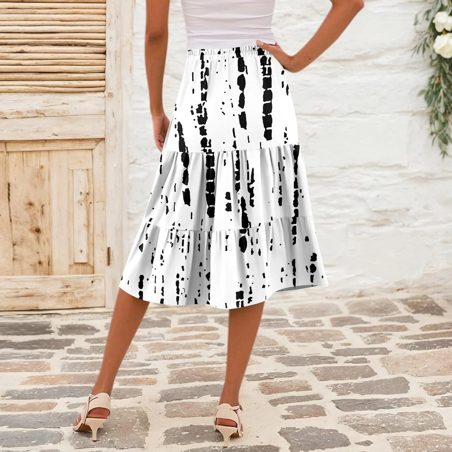 midi Tiered Skirts for Women Summer Boho Floral Long Ruffle Flowy high Elastic Waist a line Skirts Vacation Skort