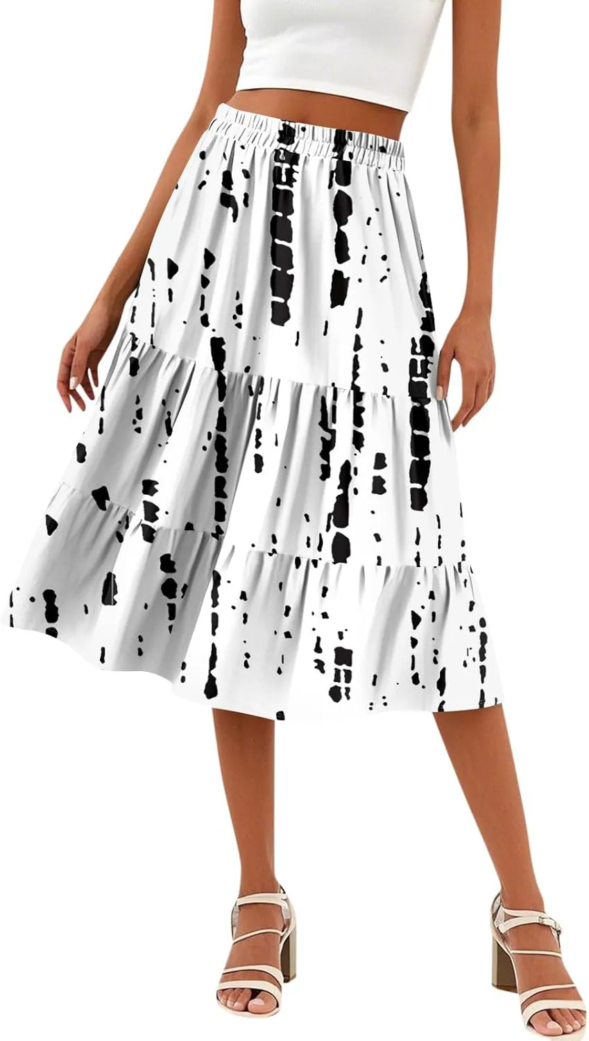 midi Tiered Skirts for Women Summer Boho Floral Long Ruffle Flowy high Elastic Waist a line Skirts Vacation Skort