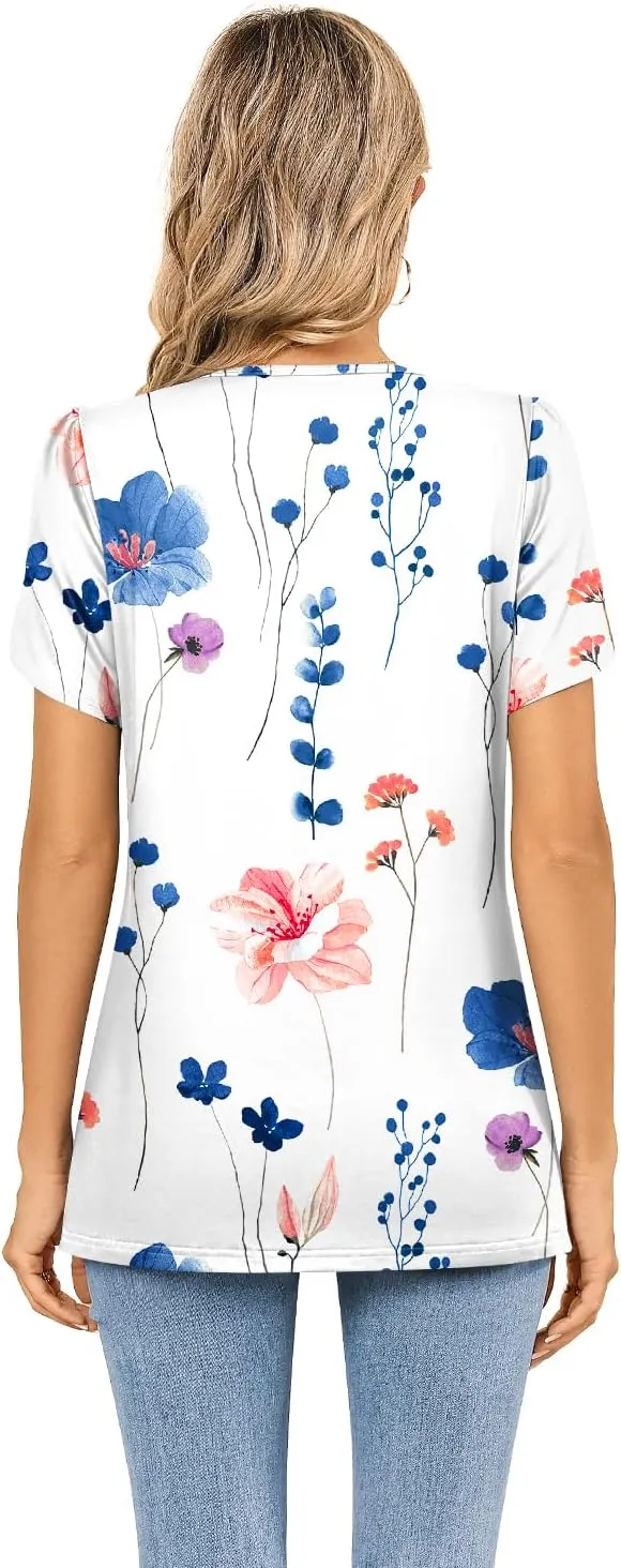 MIHOLL Womens Tops Summer Petal Short Sleeve V Neck T Shirts Dressy Casual Pleated Floral Loose Tunic Blouse