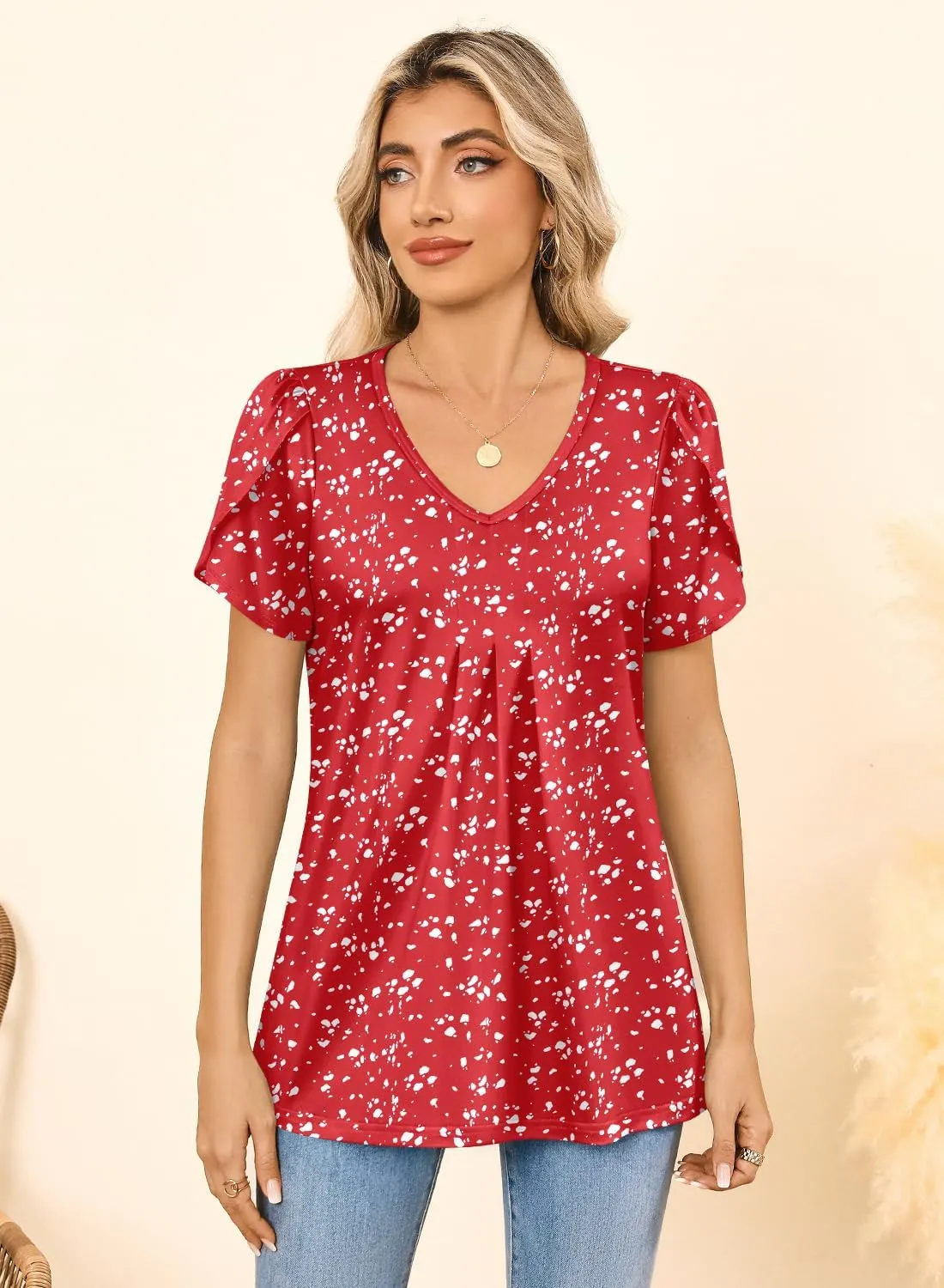 MIHOLL Womens Tops Summer Petal Short Sleeve V Neck T Shirts Dressy Casual Pleated Floral Loose Tunic Blouse