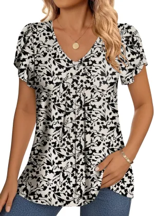 MIHOLL Womens Tops Summer Petal Short Sleeve V Neck T Shirts Dressy Casual Pleated Floral Loose Tunic Blouse