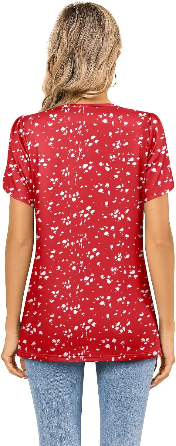 MIHOLL Womens Tops Summer Petal Short Sleeve V Neck T Shirts Dressy Casual Pleated Floral Loose Tunic Blouse