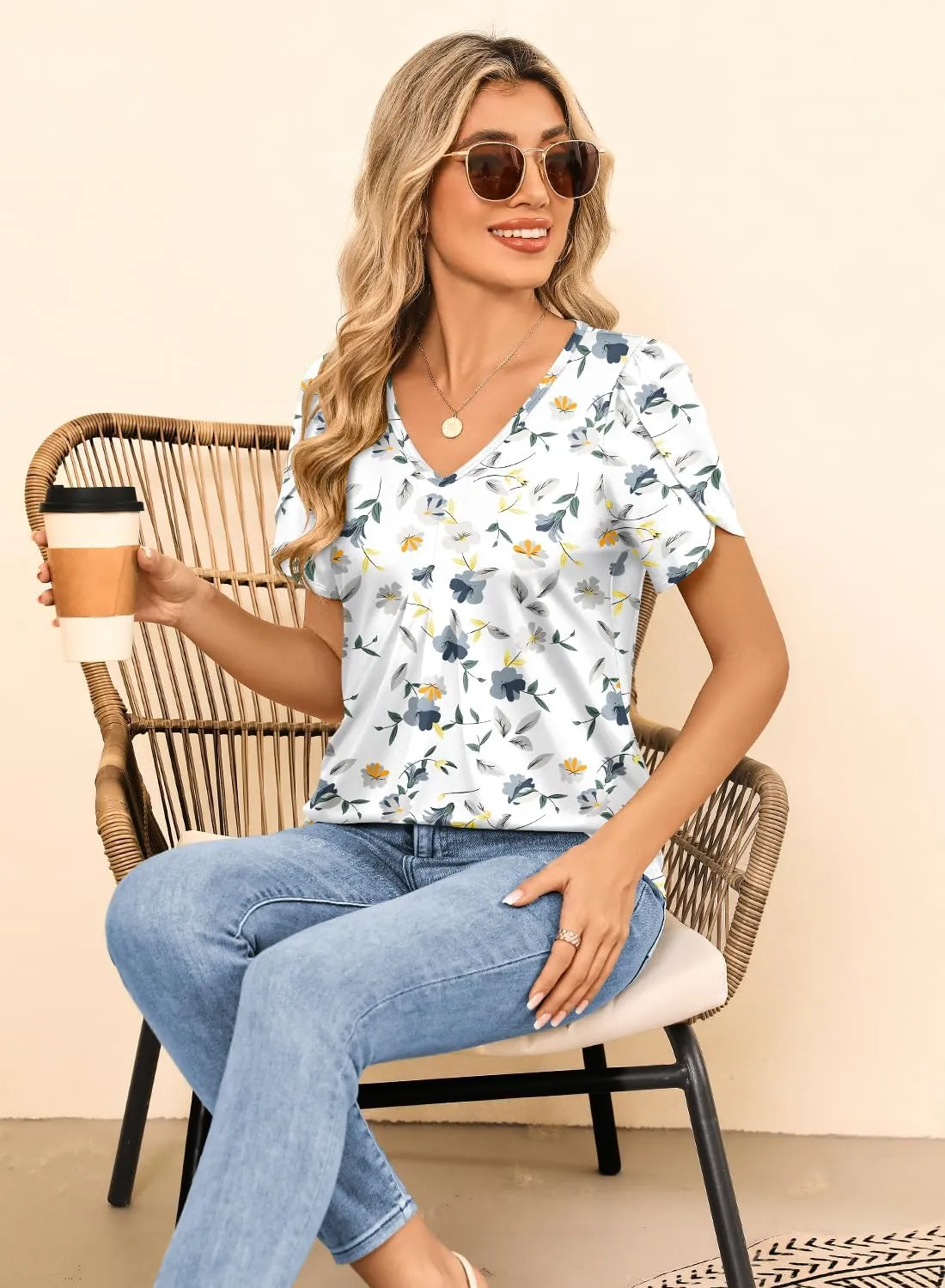 MIHOLL Womens Tops Summer Petal Short Sleeve V Neck T Shirts Dressy Casual Pleated Floral Loose Tunic Blouse