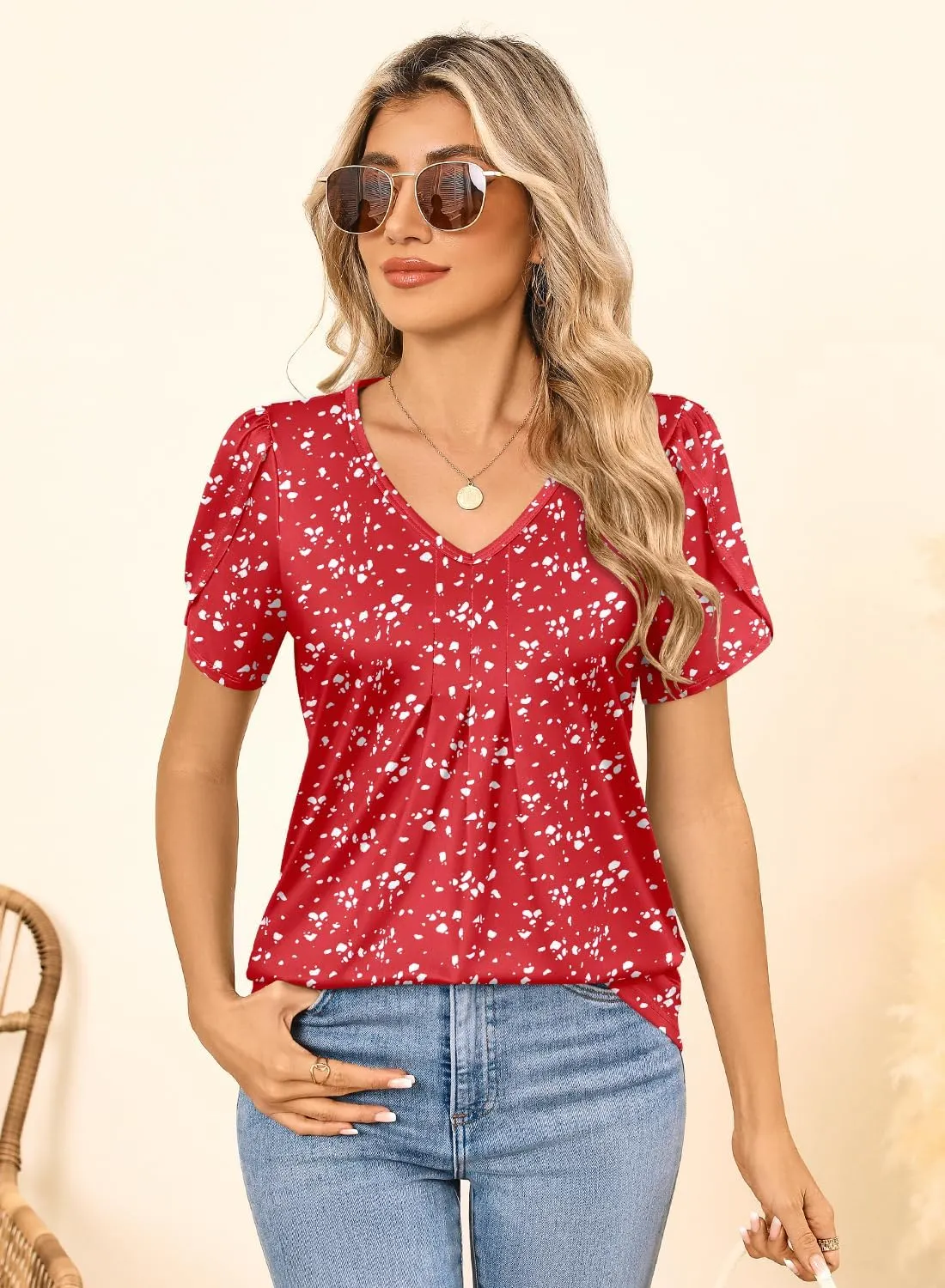 MIHOLL Womens Tops Summer Petal Short Sleeve V Neck T Shirts Dressy Casual Pleated Floral Loose Tunic Blouse