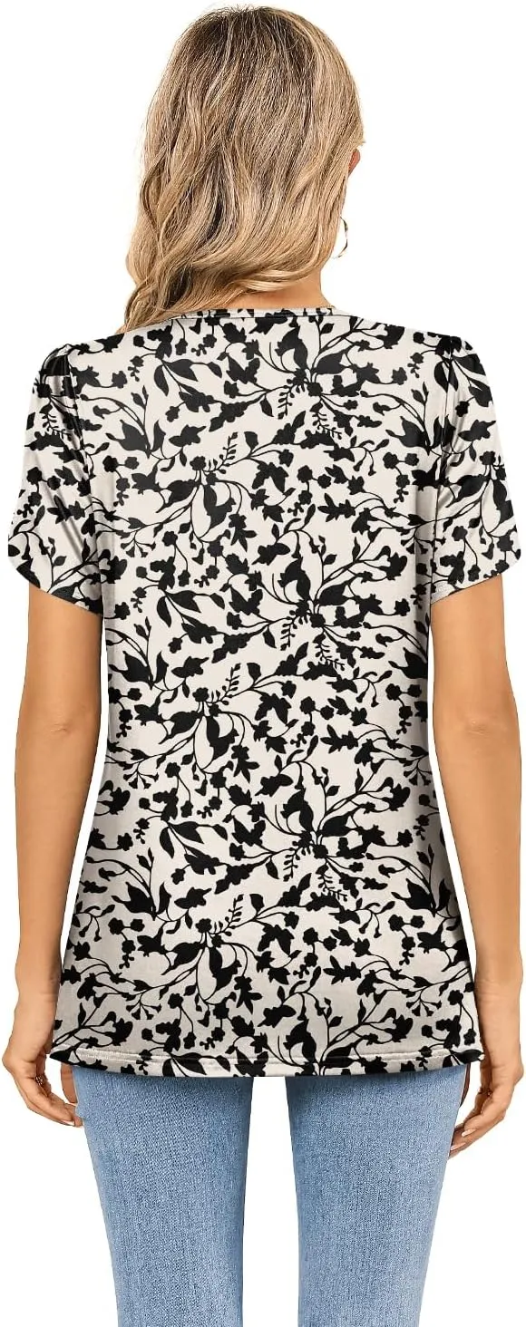MIHOLL Womens Tops Summer Petal Short Sleeve V Neck T Shirts Dressy Casual Pleated Floral Loose Tunic Blouse