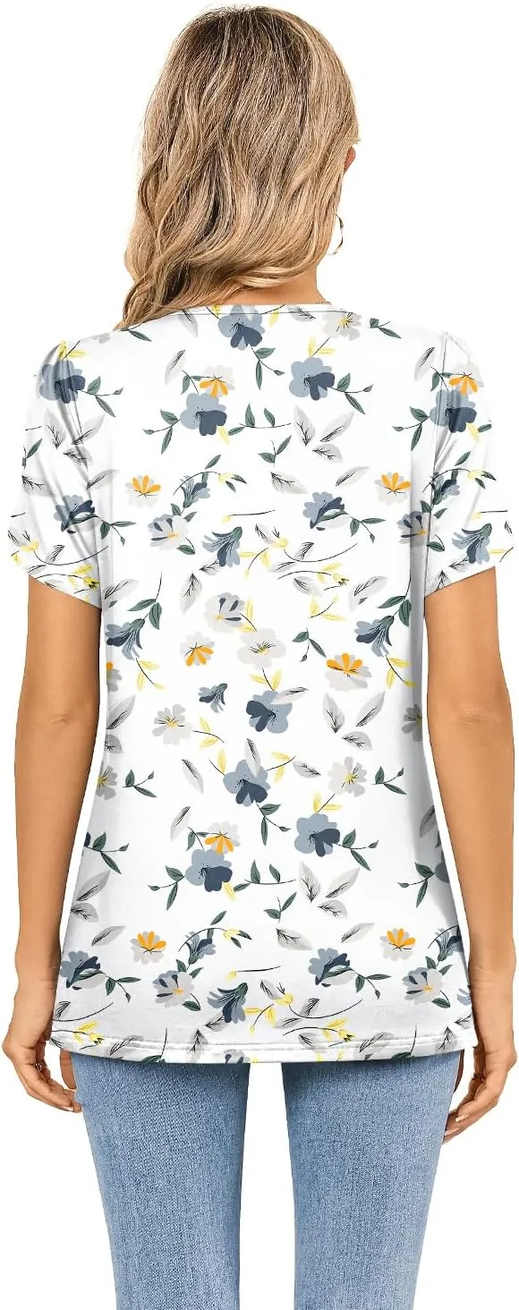 MIHOLL Womens Tops Summer Petal Short Sleeve V Neck T Shirts Dressy Casual Pleated Floral Loose Tunic Blouse