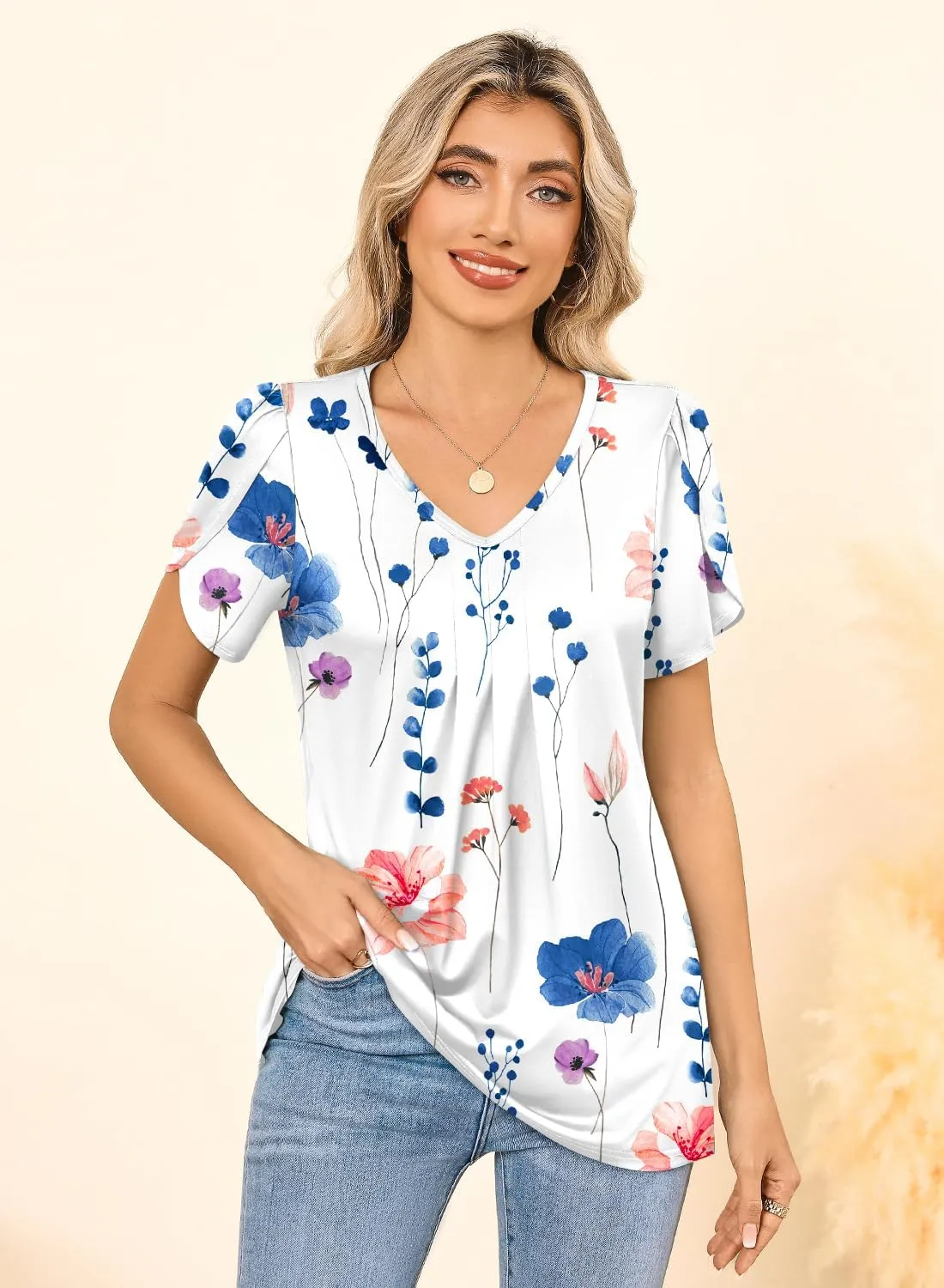 MIHOLL Womens Tops Summer Petal Short Sleeve V Neck T Shirts Dressy Casual Pleated Floral Loose Tunic Blouse