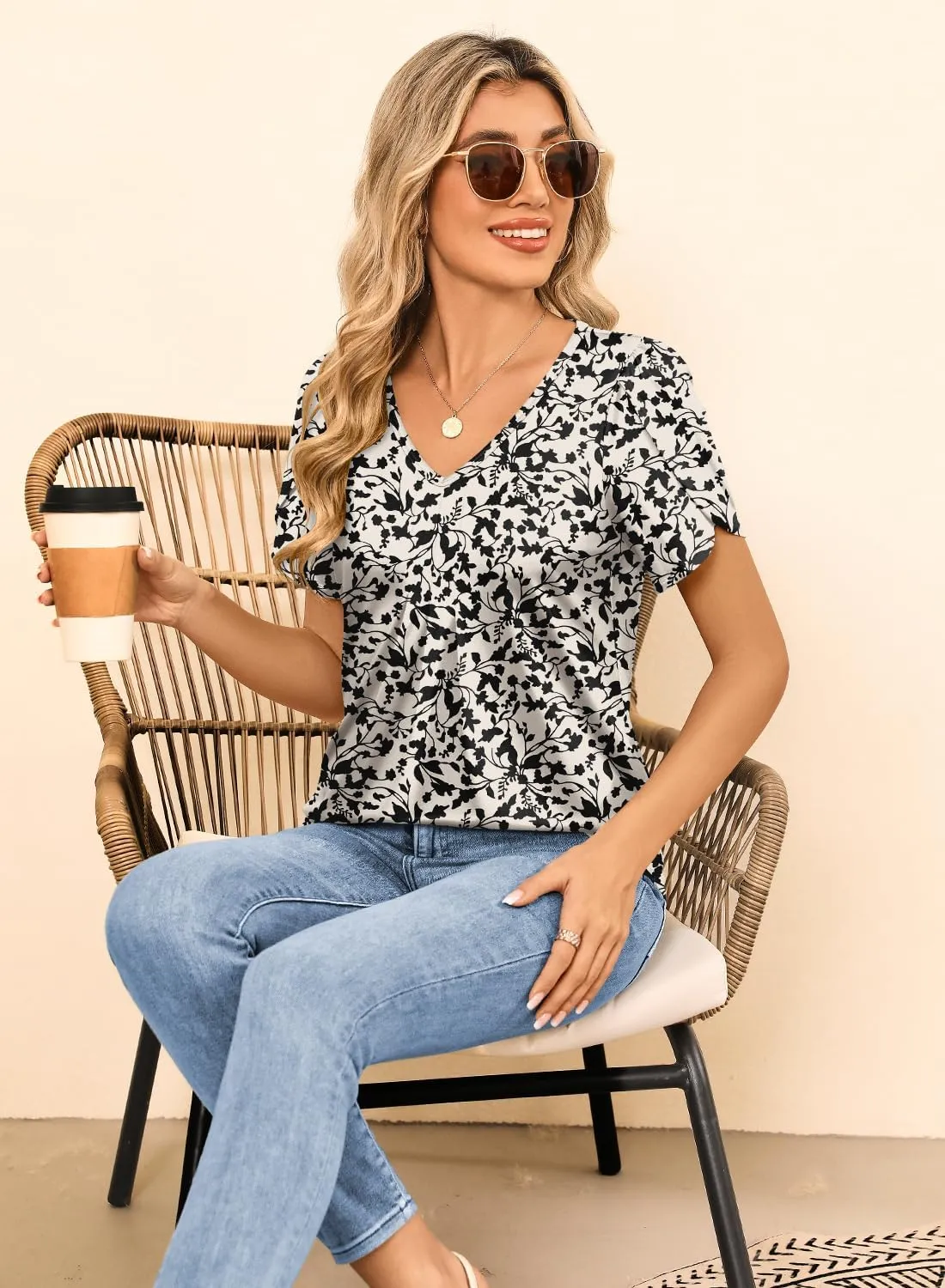 MIHOLL Womens Tops Summer Petal Short Sleeve V Neck T Shirts Dressy Casual Pleated Floral Loose Tunic Blouse