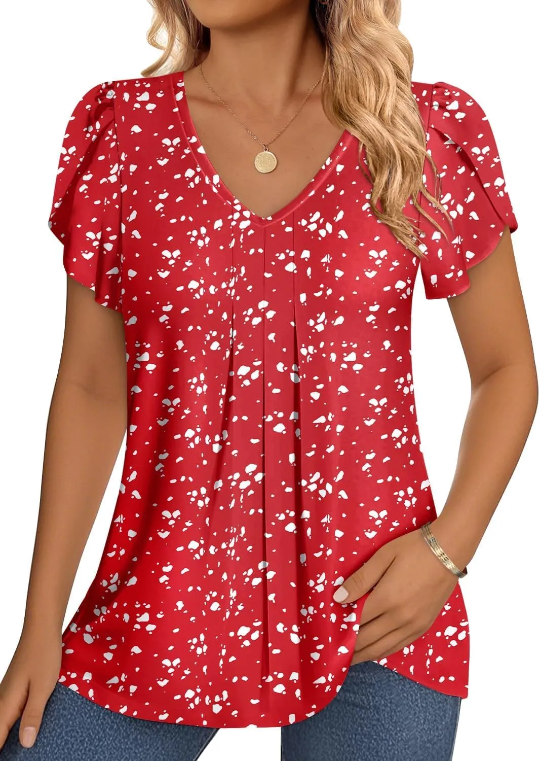 MIHOLL Womens Tops Summer Petal Short Sleeve V Neck T Shirts Dressy Casual Pleated Floral Loose Tunic Blouse