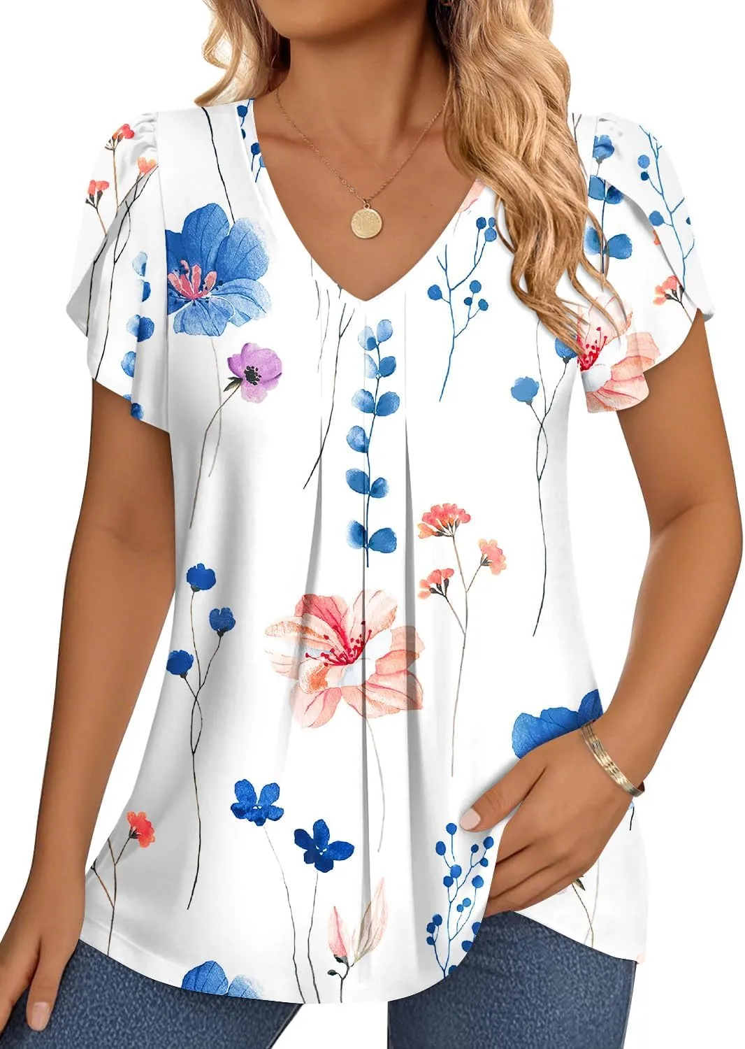 MIHOLL Womens Tops Summer Petal Short Sleeve V Neck T Shirts Dressy Casual Pleated Floral Loose Tunic Blouse