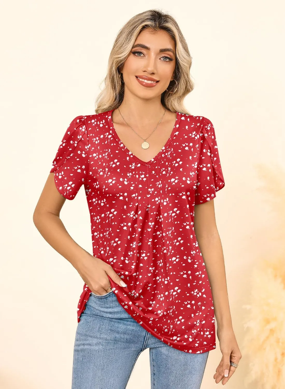 MIHOLL Womens Tops Summer Petal Short Sleeve V Neck T Shirts Dressy Casual Pleated Floral Loose Tunic Blouse