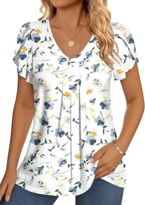 MIHOLL Womens Tops Summer Petal Short Sleeve V Neck T Shirts Dressy Casual Pleated Floral Loose Tunic Blouse