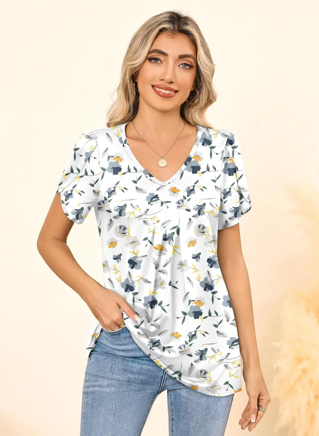 MIHOLL Womens Tops Summer Petal Short Sleeve V Neck T Shirts Dressy Casual Pleated Floral Loose Tunic Blouse