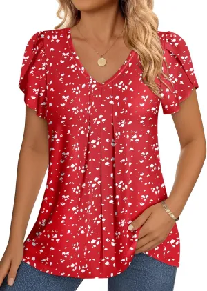 MIHOLL Womens Tops Summer Petal Short Sleeve V Neck T Shirts Dressy Casual Pleated Floral Loose Tunic Blouse