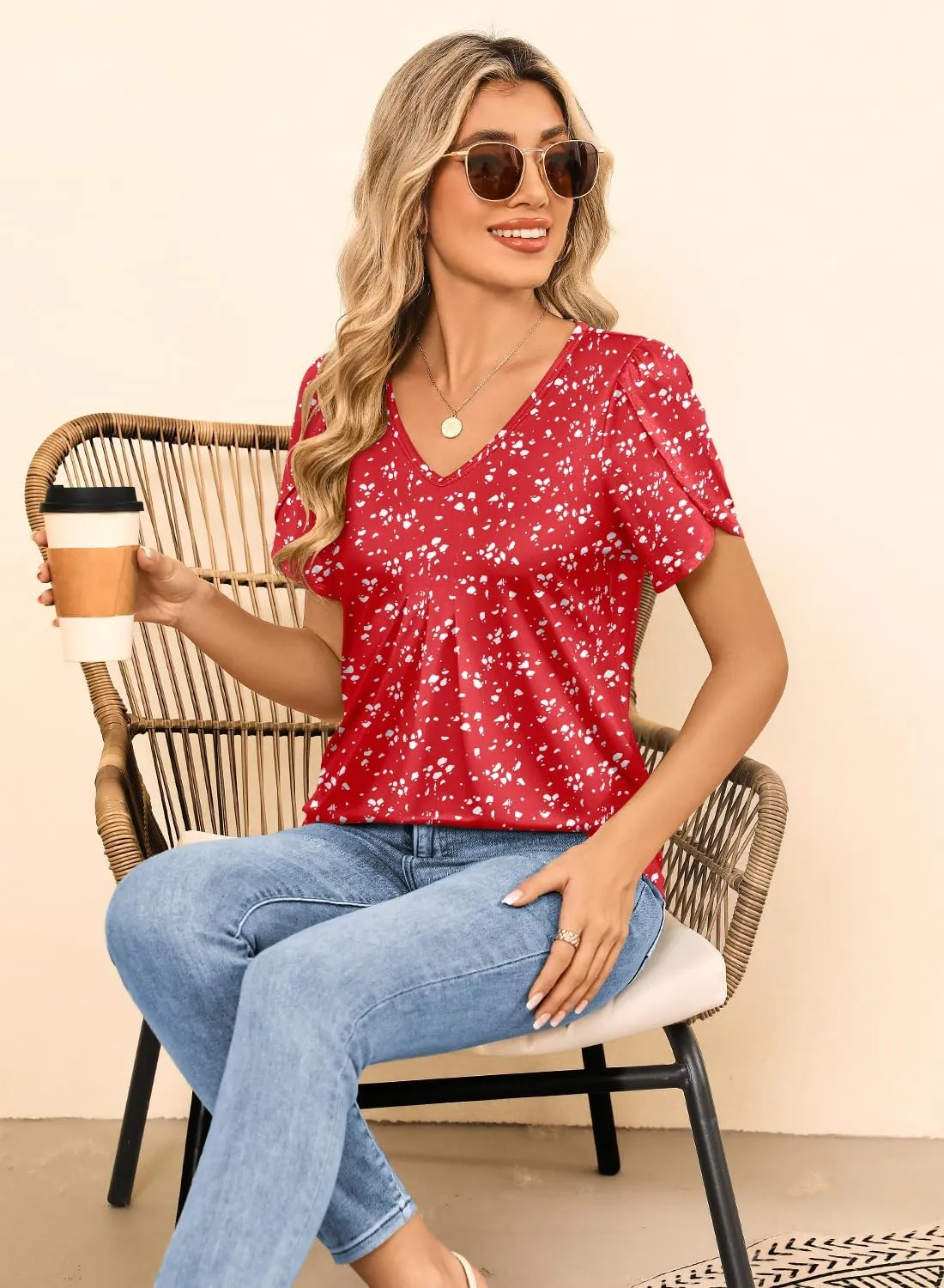 MIHOLL Womens Tops Summer Petal Short Sleeve V Neck T Shirts Dressy Casual Pleated Floral Loose Tunic Blouse