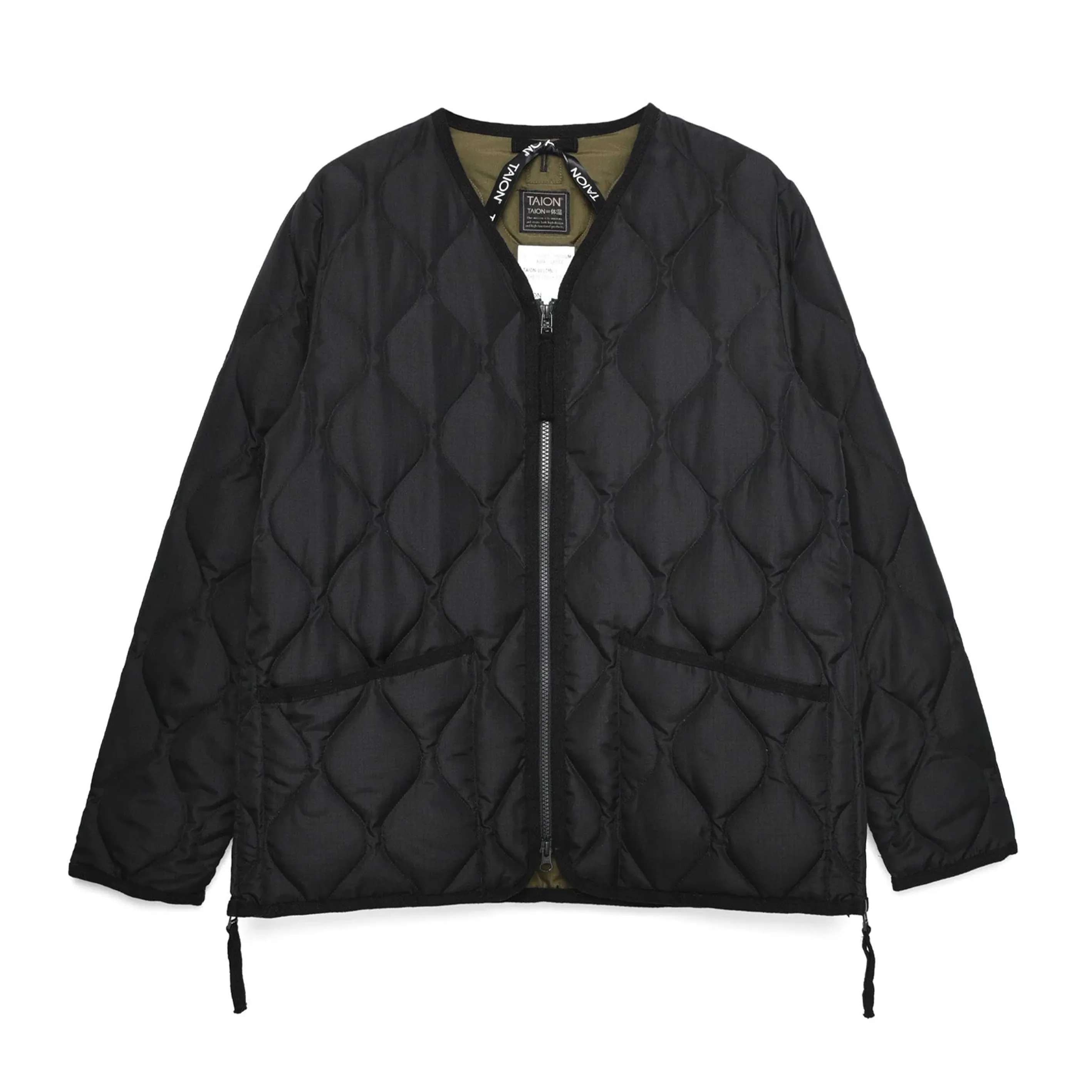 Military Zip V-Neck Down Jacket - Black