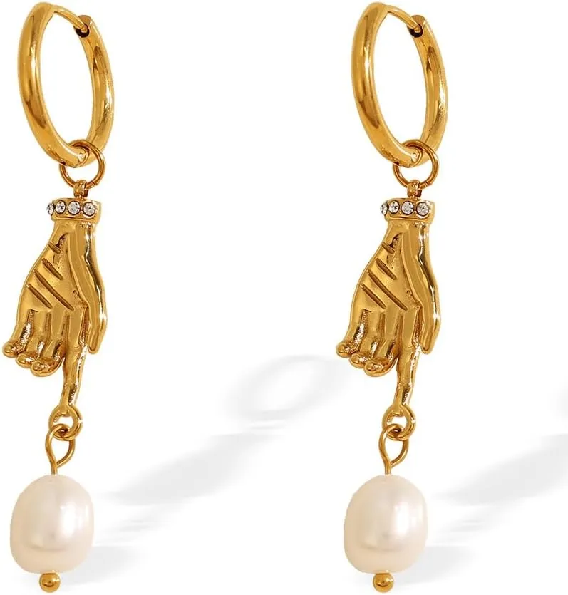 Minimalist Pearl Hoops Drop Earring for Women Stainless Steel Rhinestone Skull Hand Dangle Drop Earrings Elegant Dangling Pearls Huggie Hoop Earrings