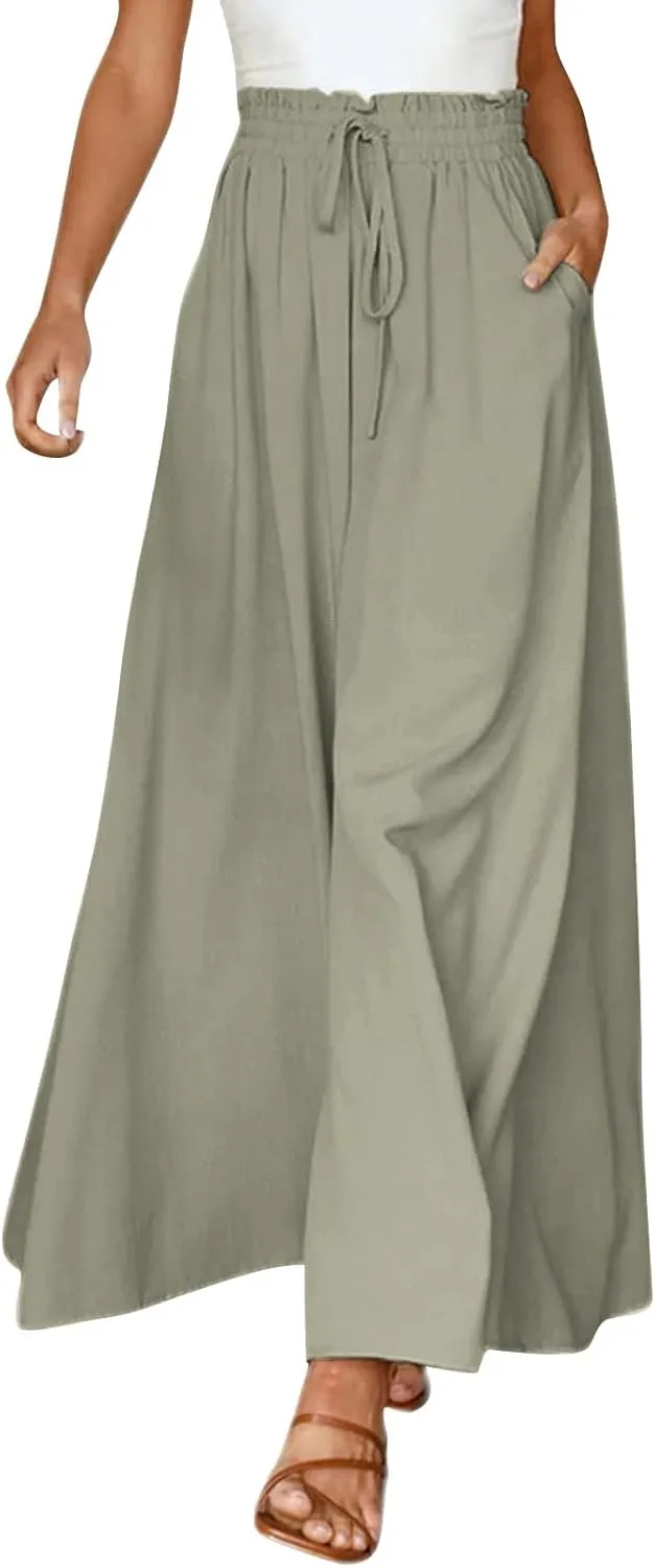 Miyaomn Womens Casual Elastic Waist Wide Leg Pants 2024 Summer Floral Solid Flowy Pockets Palazzo Pants Lounge Beach Trousers