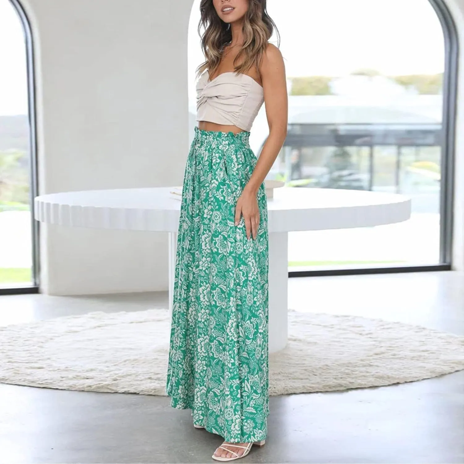 Miyaomn Womens Casual Elastic Waist Wide Leg Pants 2024 Summer Floral Solid Flowy Pockets Palazzo Pants Lounge Beach Trousers