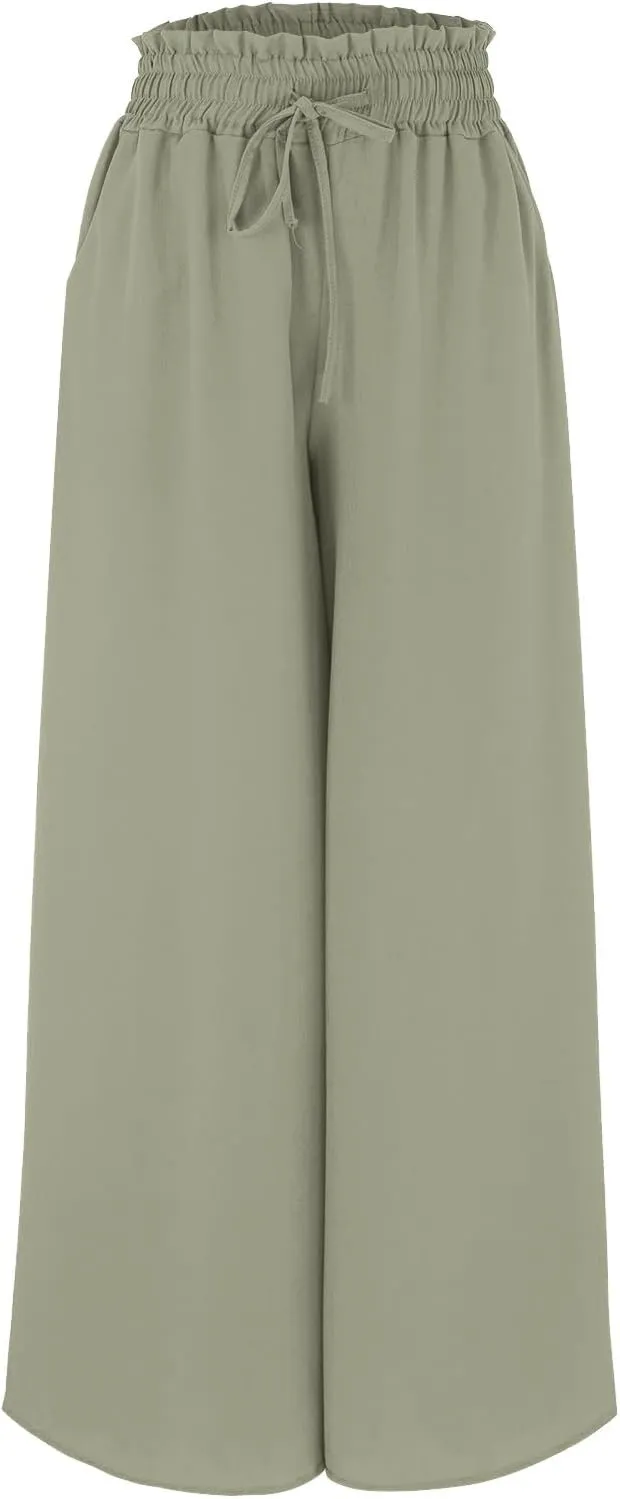 Miyaomn Womens Casual Elastic Waist Wide Leg Pants 2024 Summer Floral Solid Flowy Pockets Palazzo Pants Lounge Beach Trousers