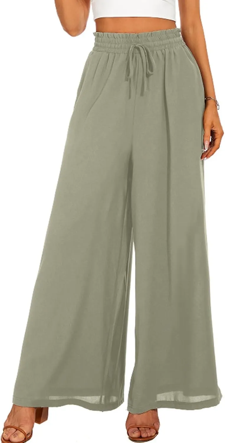 Miyaomn Womens Casual Elastic Waist Wide Leg Pants 2024 Summer Floral Solid Flowy Pockets Palazzo Pants Lounge Beach Trousers